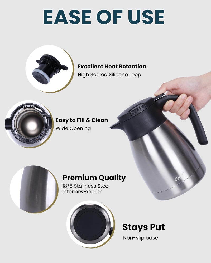 GiNT 34Oz Thermal Coffee Carafe, Insulated Stainless Steel Coffee Carafes for Keeping Hot/Double Walled Vacuum Coffee Carafe (Silver, 1L) - Image 2